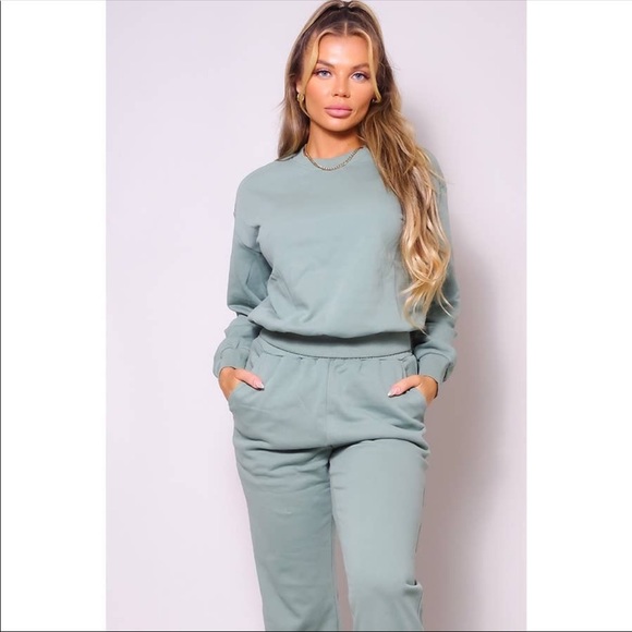 Sage Green Two Piece Crewneck Long Sleeve Top with Joggers Pants Set - Picture 3 of 7